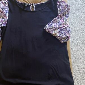 Talbots Black Top with Purple Floral Sleeves